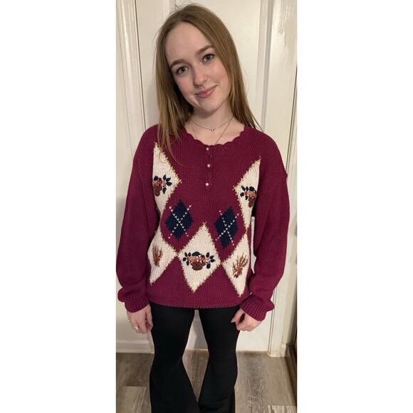 Vintage Shenanigans Fuchsia Pink Floral Embroidered Sweater L - Picture 9 of 10